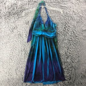 Jodi Kristopher Dress Womens Medium Halter Lined Paisley Blue Purple